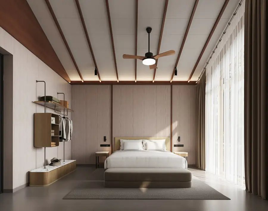 Bedroom with a large bed, an open wardrobe, a beamed ceiling and full-height curtains, Deluxe Garden Suite, Doris Mataking Resort