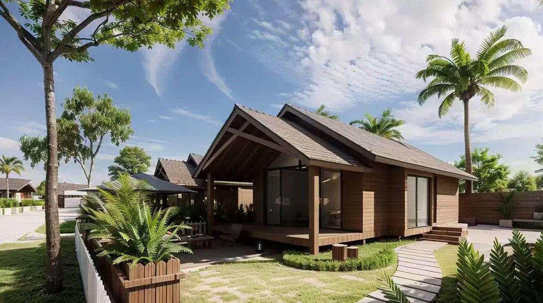 Timber chalet with a sloped roof and a wooden deck in a garden, Doris Mataking Resort